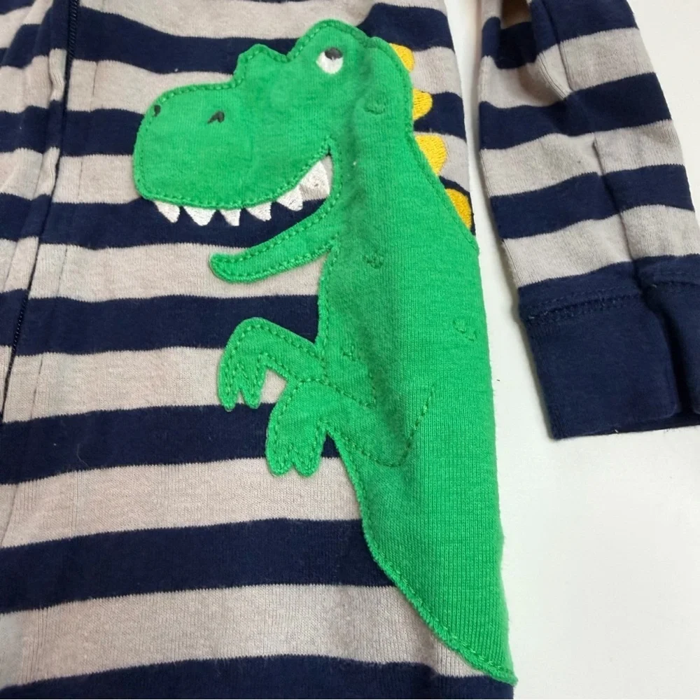 Carter's Navy and Gray Striped Footie with Green Dinosaur